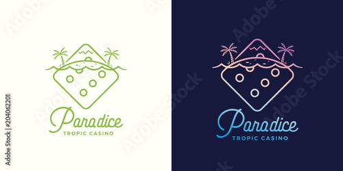Paradice Tropic Casino Vector Label, Emblem or Logo Template. Gambling Dice Incorporated in Line Style Tropic Island Illustration. Abstract Concept. Gradient and Bright Colors.