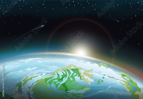 Spacescape with Earth and bright Sun on Horizon