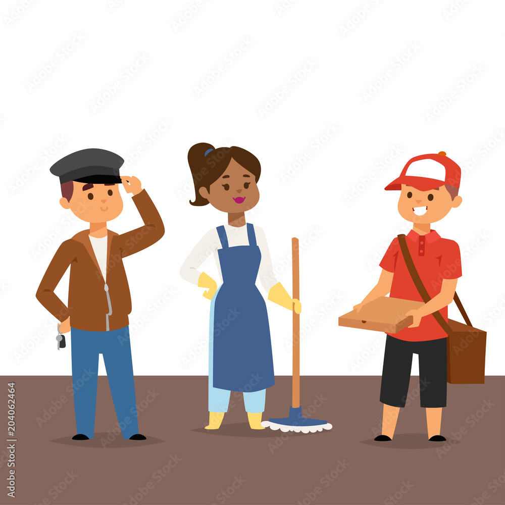People part-time job professions vector set characters temporary job recruitment concept. Different workers or time unemployed. Young career start boys and girls part time workers opportunity looking
