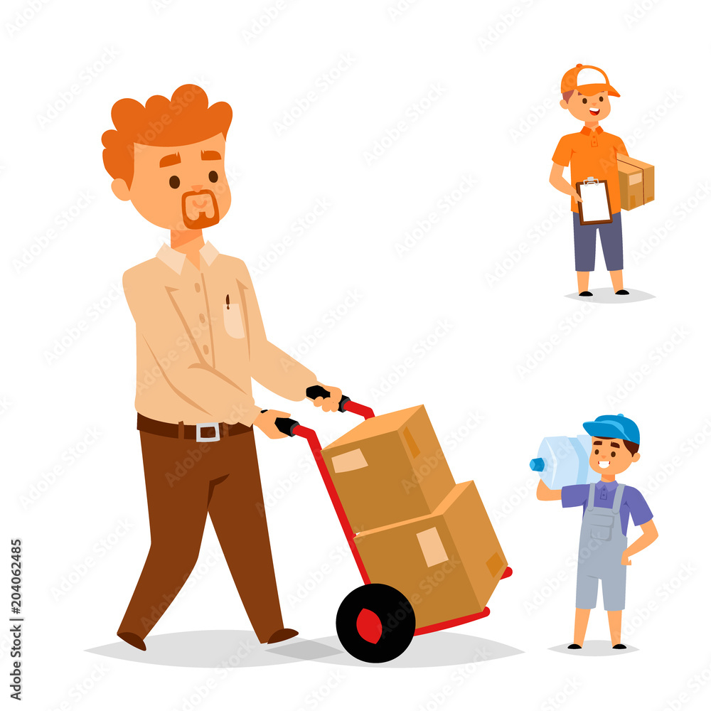 Delivery man boy vector service workers and clients couriers delivering man characters shop mailmen bringing packages holding boxes documents illustration. Postman worker male conveyance Delivery man boy vector service workers and clients couriers delivering man characters shop mailmen bringing packages holding boxes documents illustration. Postman worker male conveyance
