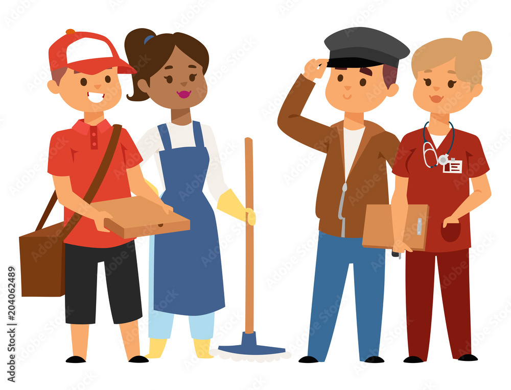 People part-time job professions vector set characters temporary job recruitment concept. Different workers or time unemployed. Young career start boys and girls part time workers opportunity looking