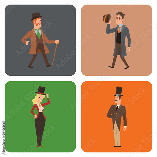 Vintage victorian cartoon gents retro people vector. Style fashion old people victorian gentleman clothing antique century character victorian gent people vintage wild west man and woman style