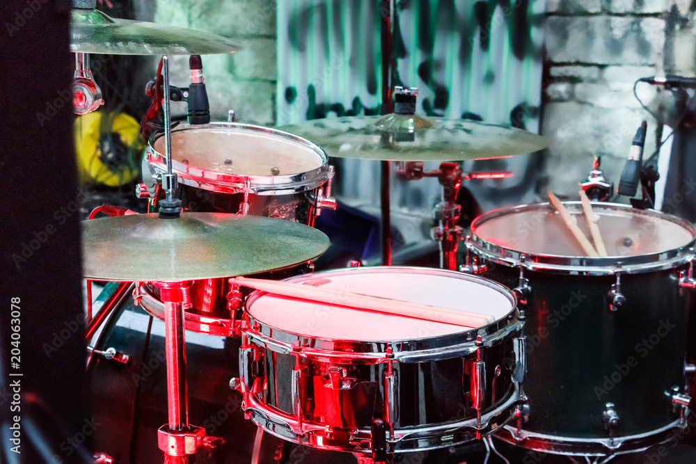 Fototapeta premium Drums kit outdoors, closeup.