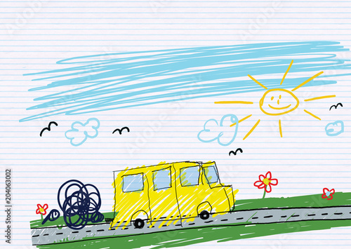 illustration of a school bus drawn in child style