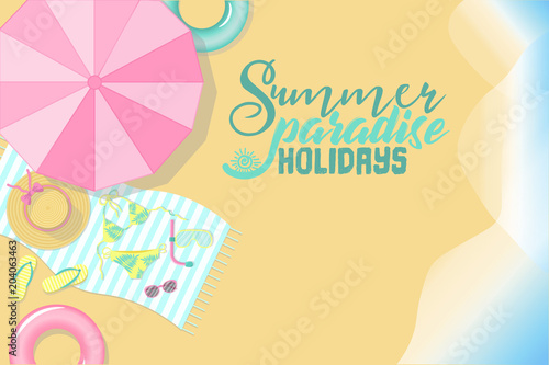 Vector graphics of the beach with the sea, a beach umbrella, a hat, a swimsuit and a circle for swimming. Concept of a summer mood, a warm and sun, and holidays