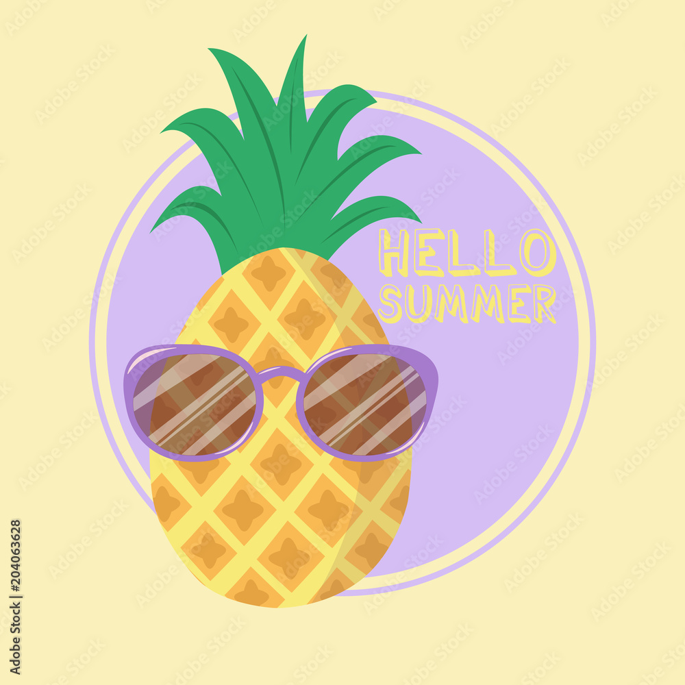 Vector image with pineapple with sunglasses and the inscription  hello summer. The method of applying print on clothes, showcases, banners