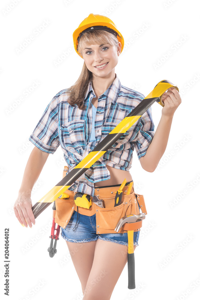 beautyful sexy female construction worker holding caution tape Stock Photo  | Adobe Stock