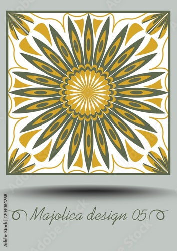 Majolica ceramic tile in nostalgic ocher and olive green design with white glaze. Typical ceramic, traditional vintage spanish pottery product with multicolored geometric ornament.