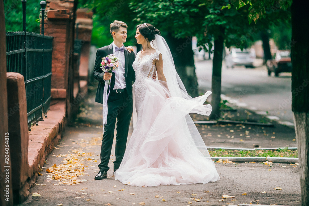 Naklejka premium A loving couple of newlyweds walks in the city. Husband and wife on a walk. Bride and groom hug and kiss each othe at athe street. Adorable couple.
