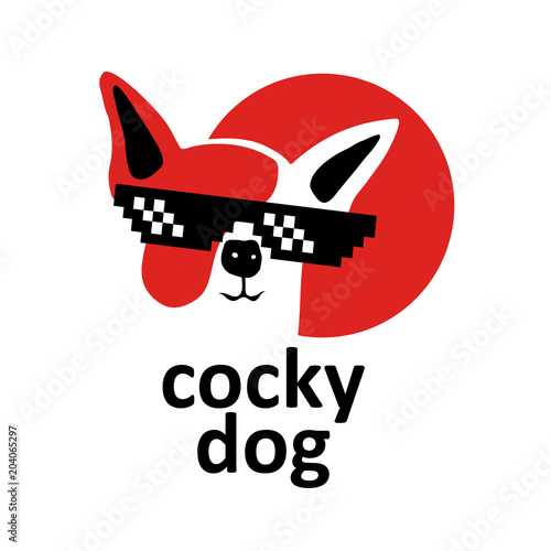 Cocky dog logo in black glasses. Dude, confident, cocky emotions. Dog hand drawn style It can be used for sticker, patch, poster, as logo, mascot, emoji, emoticon. vector doodle illustrations. photo