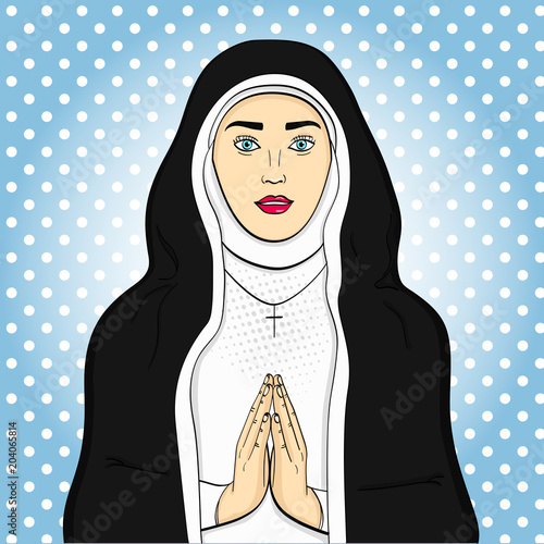 pop art votaress, God sister prays. In black and white clothes. Theme of faith, woman vector