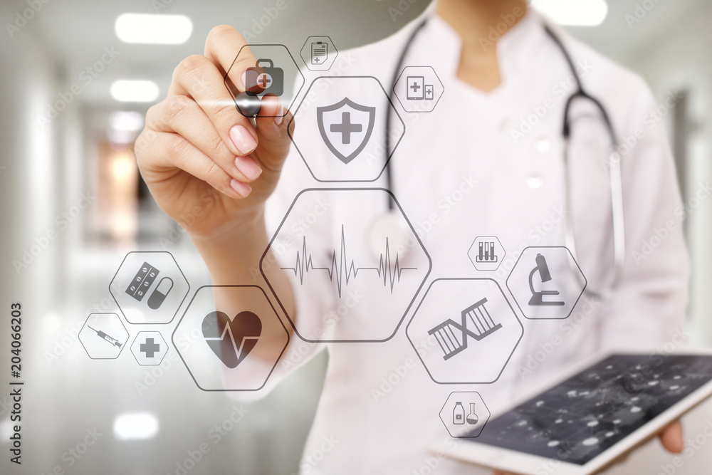 Medical concept on virtual screen. Healthcare. Online medical consultation and health check, EMR, EHR.