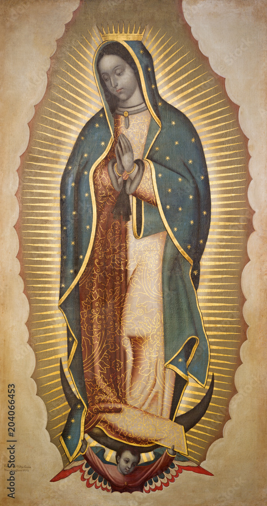 Obraz premium Bolonia, Włochy - 18 kwietnia 2018: Farba Matki Boskiej z Guadalupe w kościele kościelnym San Benedetto Francisco Antonio Vallejo (1772).