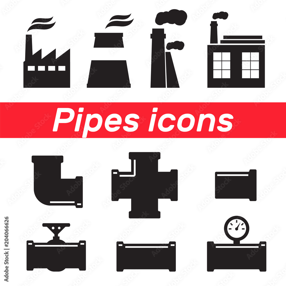 Tubes and pipeline details with cranes. Pipe fittings vector icons set