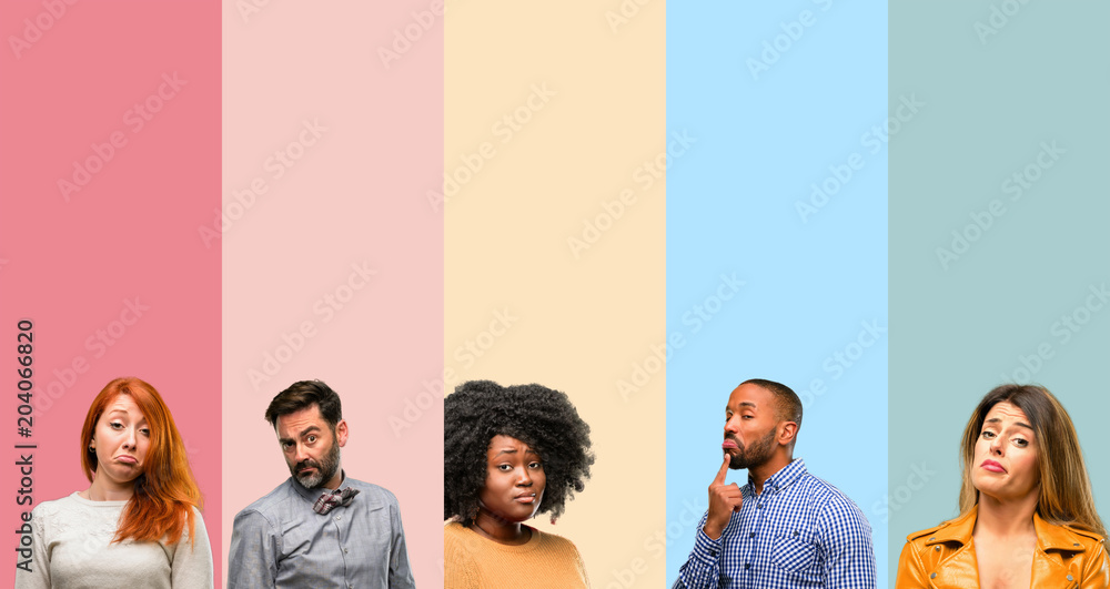 © Krakenimages.com - Cool group of people, woman and man having skeptical and dissatisfied look expressing Distrust, skepticism and doubt