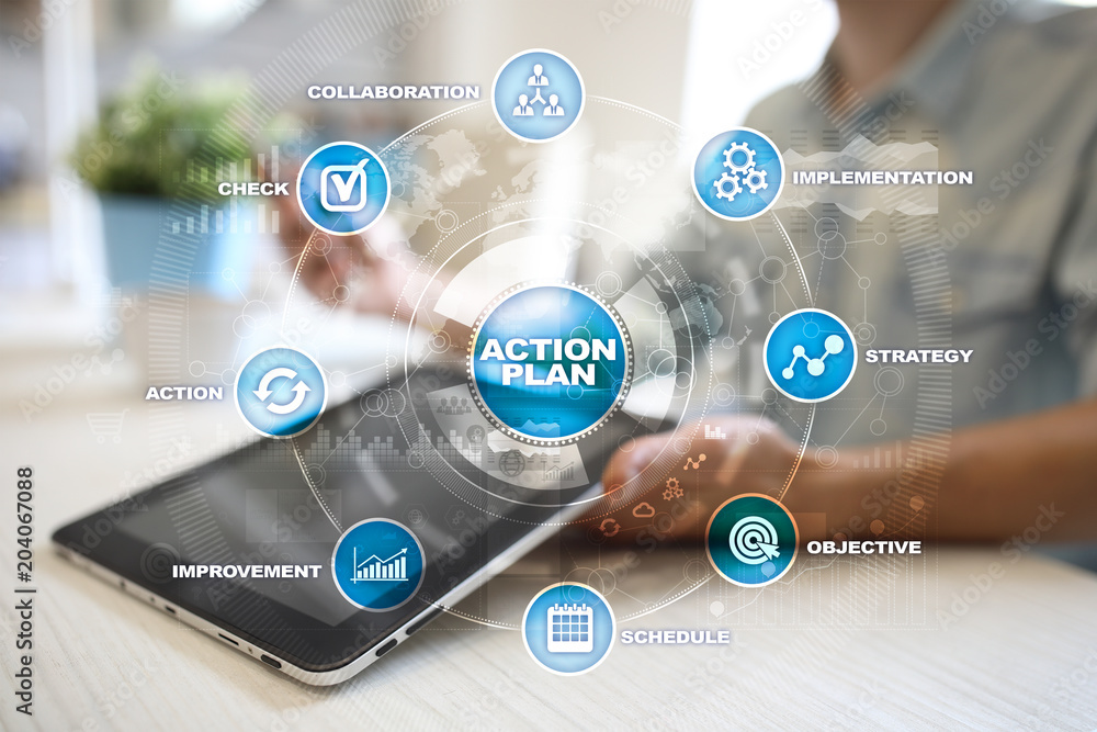 Fototapeta premium Action plan on the virtual screen. Planning concept. Business strategy.