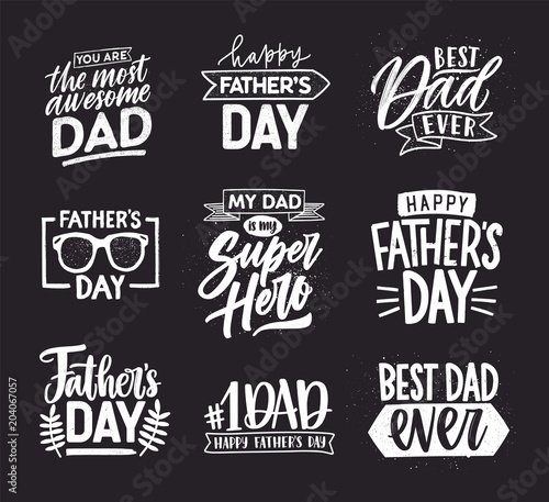Happy Fathers Day lettering calligraphic compositions. Hand drawn inscriptions on dark background for greeting card. My dad is my super hero, Best dad ever, You are the most awesome dad.