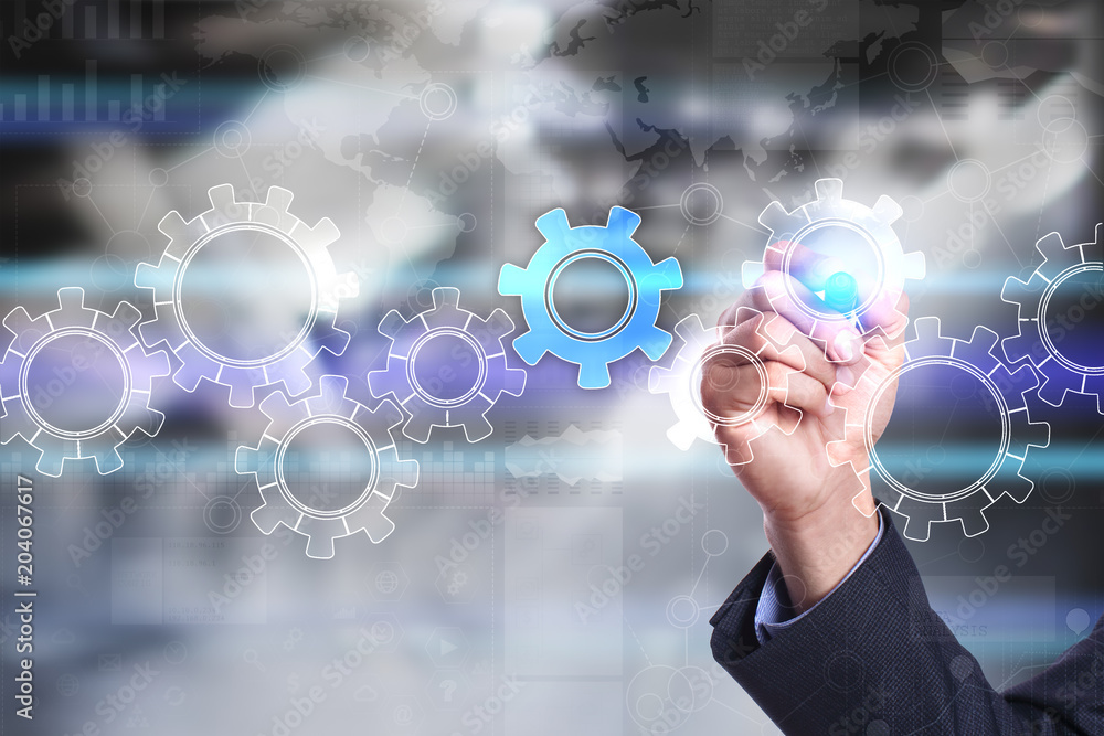 Gears on virtual screen. Business strategy and technology concept. Automation process. Gears on virtual screen. Business strategy and technology concept. Automation process.