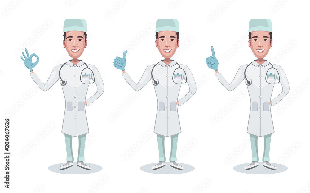 Set of character medical doctor. Healthcare and medical help. Doctor, clerk, consulting, shows gestures of a positive result. Vector illustration in cartoon style. Set of character medical doctor. Healthcare and medical help. Doctor, clerk, consulting, shows gestures of a positive result. Vector illustration in cartoon style.