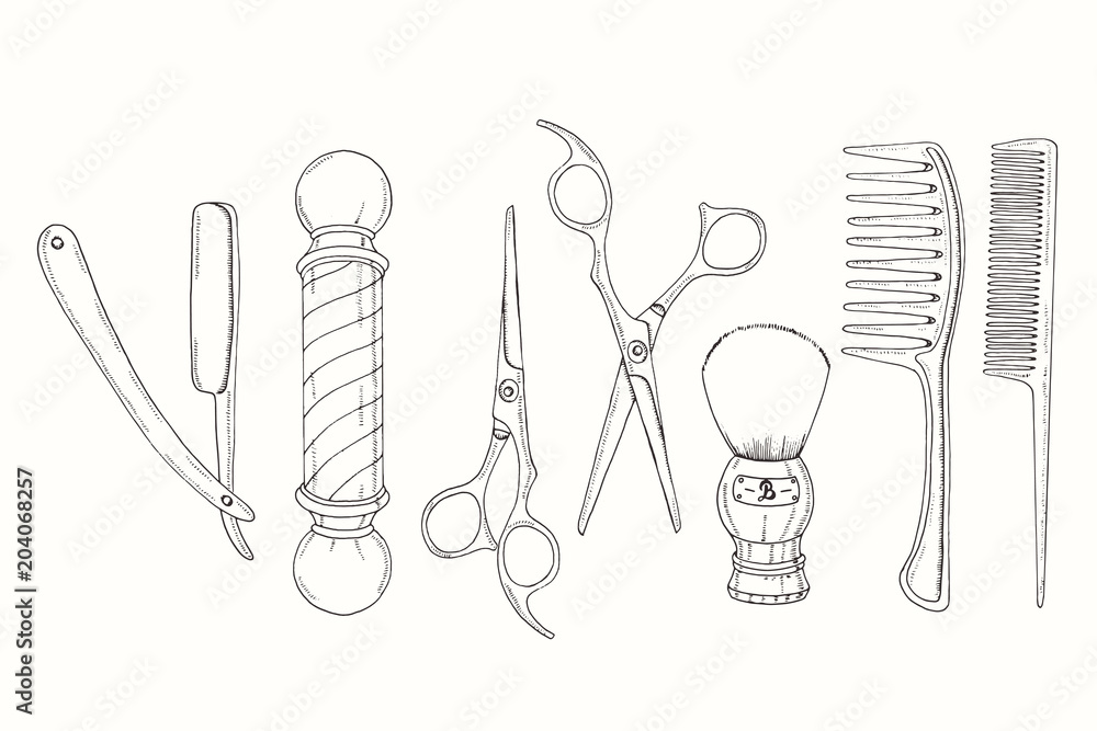 Hand drawn Barber Shop set in sketch style. Razor, scissors, shaving