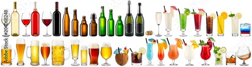 huge collection set of beverage alcoholic drinks cocktails champagne wine beer bottle glass isolated on white background