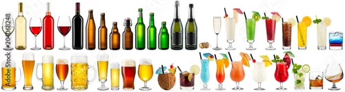 Obraz  z motywem huge collection set of beverage alcoholic drinks cocktails champagne wine beer bottle glass isolated on white background