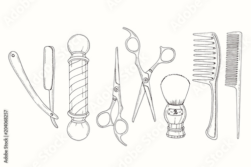 Hand drawn Barber Shop set in sketch style. Razor, scissors, shaving brush,  comb, classic barber shop Pole. Vector illustration