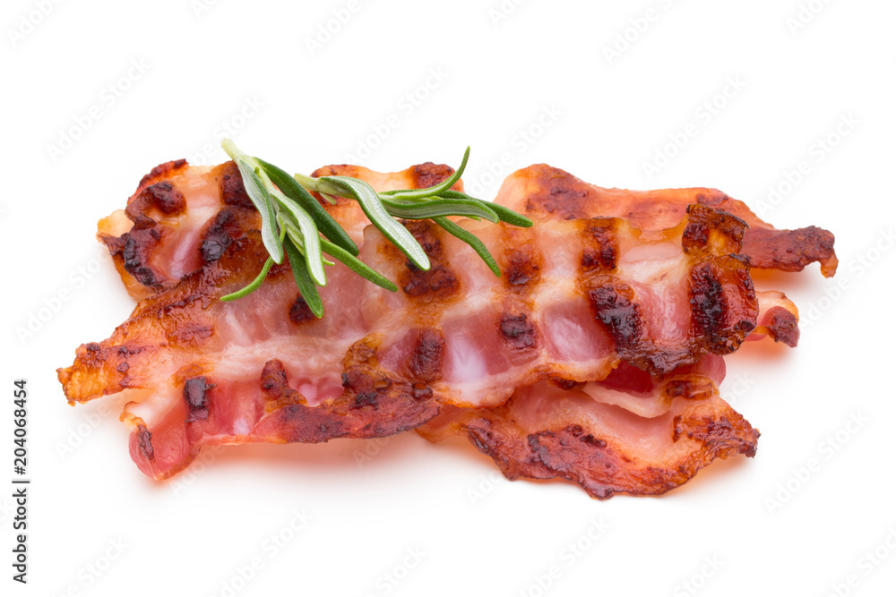 Cooked bacon rashers isolated on white. Cooked bacon rashers isolated on white.