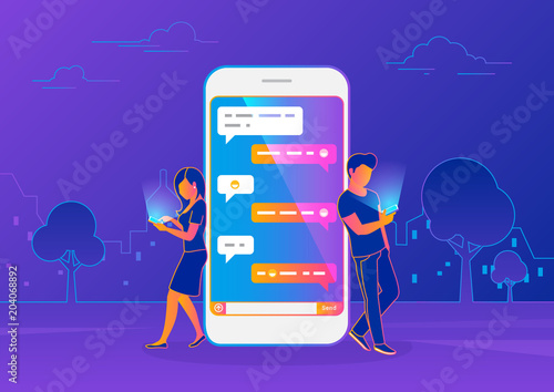 Chat messenger concept of young people using mobile smartphone for sending messages in chat. Modern gradient line vector illustration of guy and woman standing near big smartphone with speech bubbles
