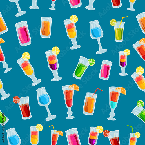 Colorful cocktail drink seamless pattern template concept. Icons design for your product or design  web and mobile applications. Vector flat with long shadow illustration on blue background