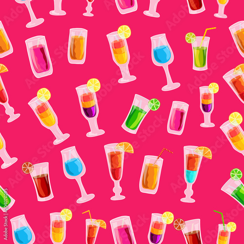 Colorful cocktail drink seamless pattern template concept. Icons design for your product or design  web and mobile applications. Vector flat with long shadow illustration on blue background
