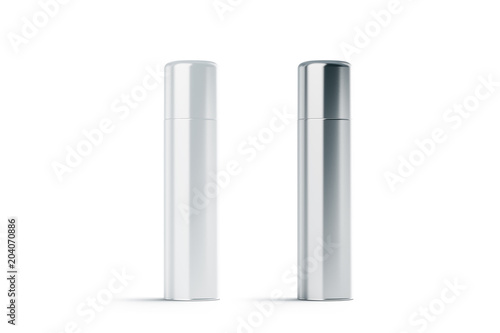 Blank white and steel closed hairspray bottle mock up  isolated. Empty deodorant mockup front view. Clear stainless aerosol container template