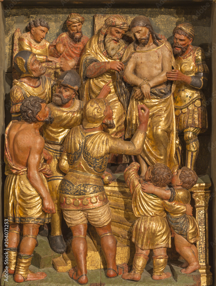 ZARAGOZA, SPAIN - MARCH 3, 2018: The polychome carved renaissance relief of Jesus judgment for Pilate in church  Iglesia de San Miguel de los Navarros by Damian Forment (1519).