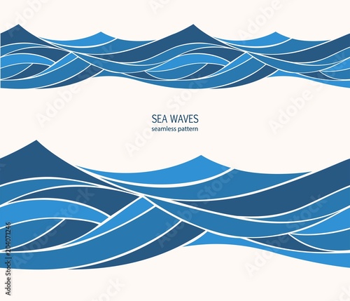 Marine seamless pattern with stylized blue waves on a light background. Water Wave abstract design. 