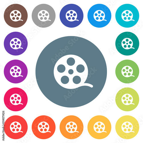 Movie roll flat white icons on round color backgrounds