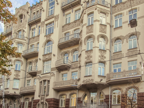 The facade of a multi-storey building in the center of Kiev. Ukraine