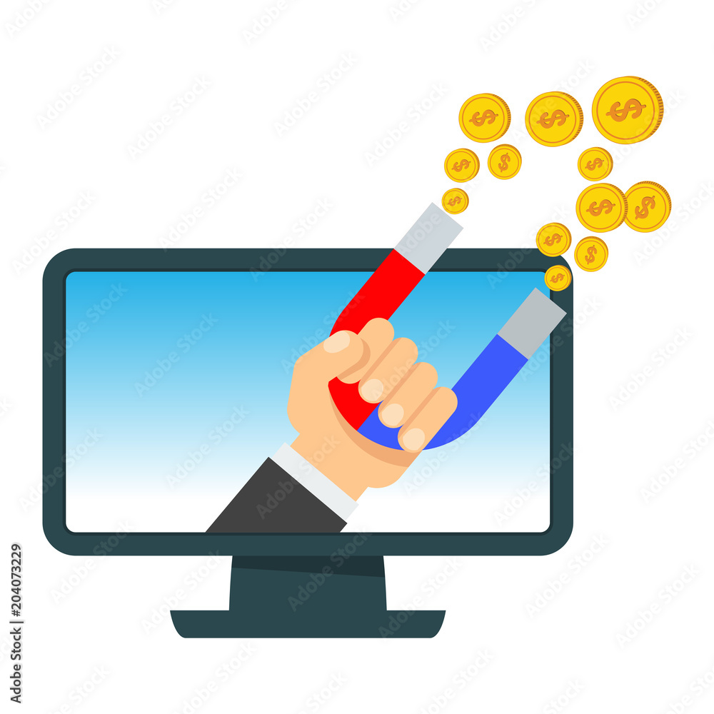 Attraction of money in computer. Flat vector cartoon illustration. Objects isolated on white background. Attraction of money in computer. Flat vector cartoon illustration. Objects isolated on white background.