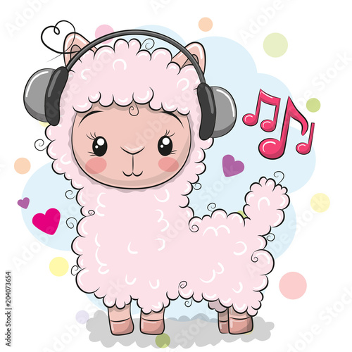 Alpaca with headphones on a white background