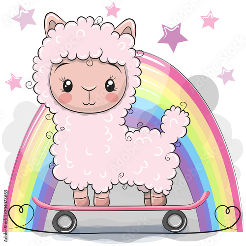Cute Cartoon Alpaca with skateboard