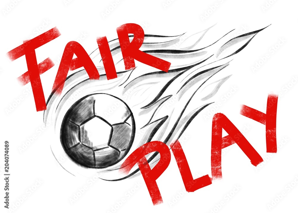 Illustrazione Stock Text fair play with black and white football with
