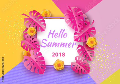 Hello summer typographic design with abstract forms of paper cutting and tropical leaves. Vector illustration.
