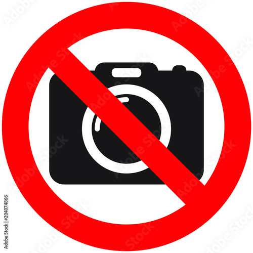 No cameras allowed sign. Red prohibition no camera sign. No taking pictures, no photographs sign.
