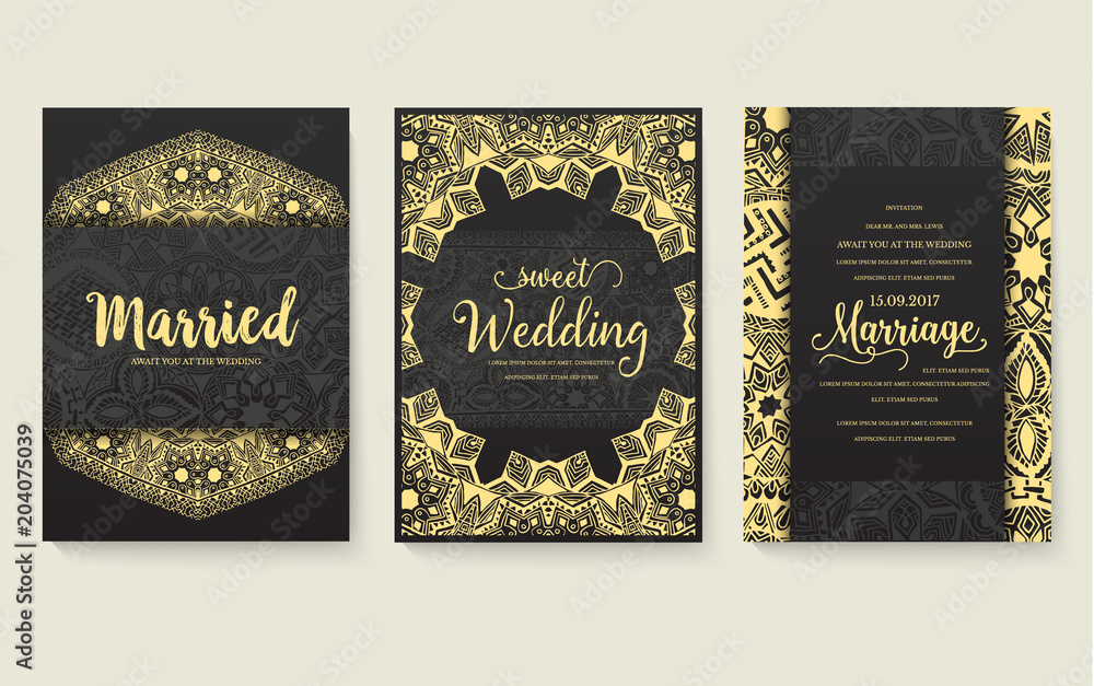 Set of flyer pages ornamental illustration stylized gold concept. Luxury art traditional, Islam, arabic, indian, ottoman motifs, elements. Vector decorative retro greeting card or invitation design. Set of flyer pages ornamental illustration stylized gold concept. Luxury art traditional, Islam, arabic, indian, ottoman motifs, elements. Vector decorative retro greeting card or invitation design.