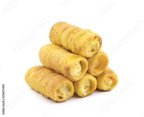 Sweet Dish Puff Roll with Cream Also Know As Homemade Cream Roll, Bakery Food  Isolated on White Background