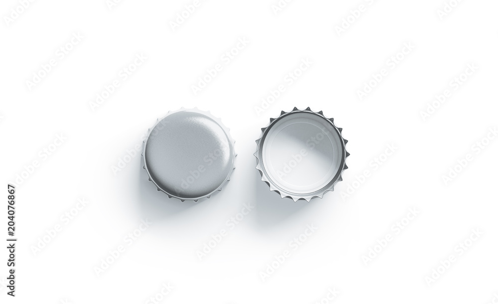 Blank white silver beer lid mockup, front and back side, top view 3d rendering. Empty metal soda cap mock up design template. Clear bottle cover isolated.
