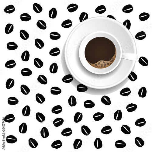 coffee cup with coffee beans in the background