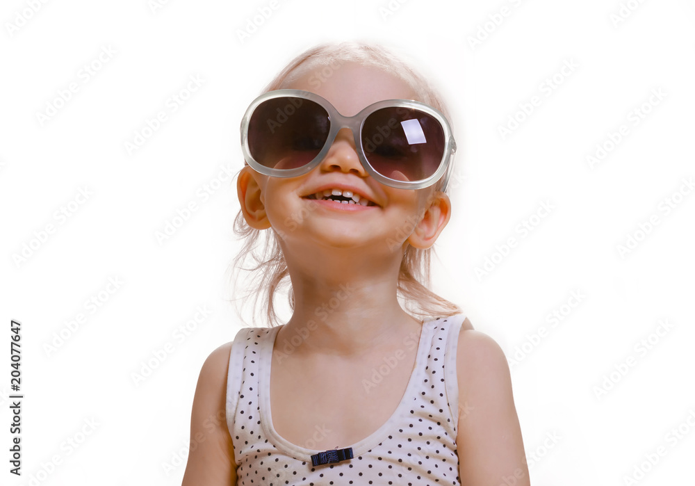 Portrait of cute caucasian baby 2-3 year old with big sunglasses on face. Isolated on white background Portrait of cute caucasian baby 2-3 year old with big sunglasses on face. Isolated on white background