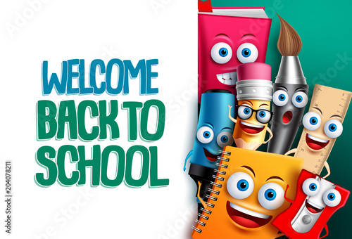 Back to school vector characters background template with empty white space for educational text and colorful funny cartoon mascots. Vector illustration.
