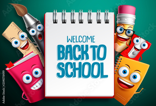 Back to school vector characters background template with white empty space for educational text and colorful funny school cartoon mascots. Vector illustration.
