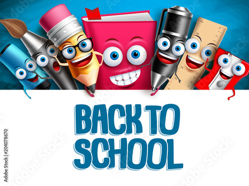 School vector characters education background template. Back to school text in empty white space and funny cartoon mascots elements. Vector illustration.
